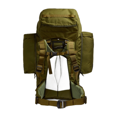 Rear view of the Crusader 90 + 20 FA backpack displaying padded back system, adjustable shoulder straps, and load-bearing hip belt.