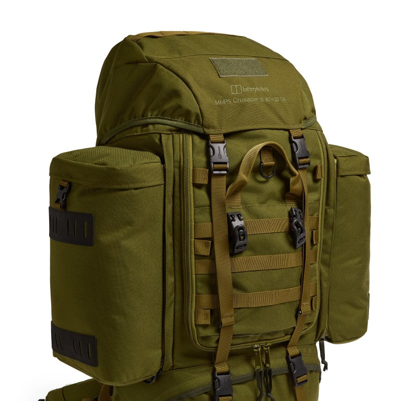 Angled front view of the Crusader 90 + 20 FA rucksack highlighting front access zip, MOLLE attachment points, and side utility pouches.