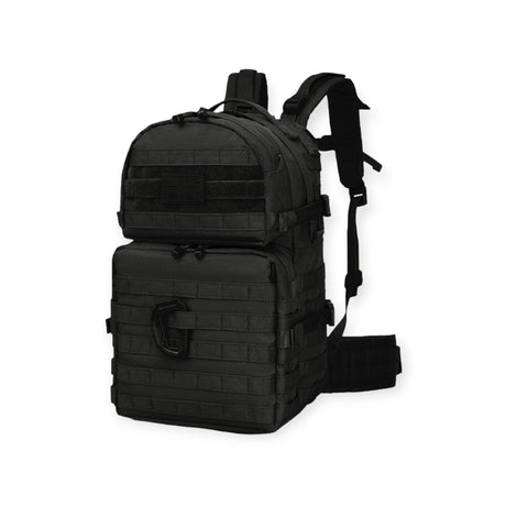 Army backpack with 40-litre capacity, padded back, waist belt, hydration bladder compartment, MOLLE strips, and multiple pockets for gear storage. For military use, camping and hikers.