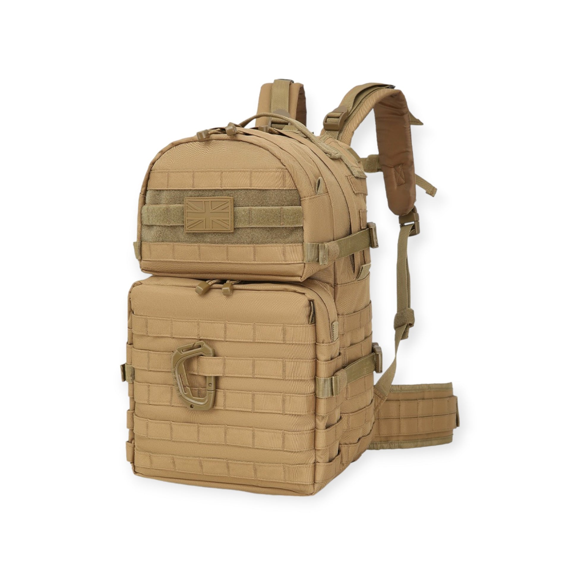 Kombat UK desert coyote colour Army backpack with 40-litre capacity, padded back, waist belt, hydration bladder compartment, MOLLE strips, and multiple pockets for gear storage. For military use, camping and hikers.