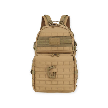 Kombat UK desert coyote colour Army backpack with 40-litre capacity, padded back, waist belt, hydration bladder compartment, MOLLE strips, and multiple pockets for gear storage. For military use, camping and hikers.