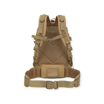 Kombat UK desert coyote colour Army backpack with 40-litre capacity, padded back, waist belt, hydration bladder compartment, MOLLE strips, and multiple pockets for gear storage. For military use, camping and hikers.