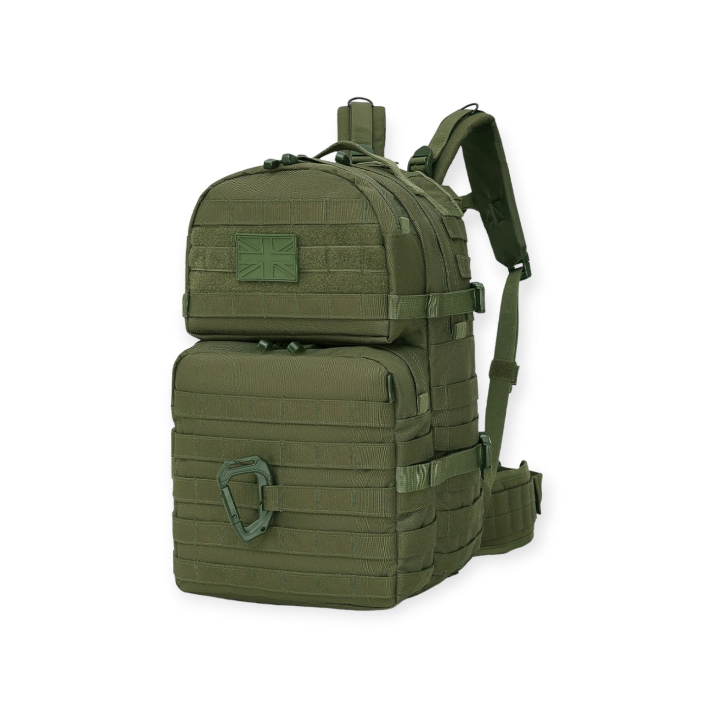 Kombat UK olive green colour Army backpack with 40-litre capacity, padded back, waist belt, hydration bladder compartment, MOLLE strips, and multiple pockets for gear storage. For military use, camping and hikers.