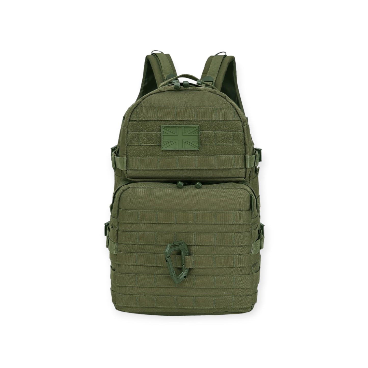 Kombat UK olive green colour Army backpack with 40-litre capacity, padded back, waist belt, hydration bladder compartment, MOLLE strips, and multiple pockets for gear storage. For military use, camping and hikers.