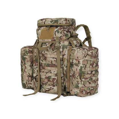 Kombat UK BTP Camouflage 90 litre Tactical Assault Rucksack with padded shoulder harness  Features large main compartment, zipped lid pocket, Velcro ID panel, and Molle platform area. Includes compression straps, carry handle, sternum strap, padded Molle waist belt, and attached side pouches.