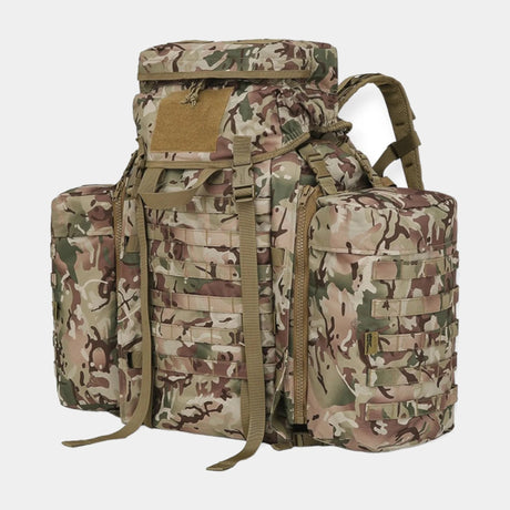 Kombat UK BTP Camouflage 90 litre Tactical Assault Rucksack with padded shoulder harness  Features large main compartment, zipped lid pocket, Velcro ID panel, and Molle platform area. Includes compression straps, carry handle, sternum strap, padded Molle waist belt, and attached side pouches.