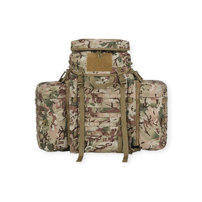 Kombat UK BTP Camouflage 90 litre Tactical Assault Rucksack with padded shoulder harness  Features large main compartment, zipped lid pocket, Velcro ID panel, and Molle platform area. Includes compression straps, carry handle, sternum strap, padded Molle waist belt, and attached side pouches.