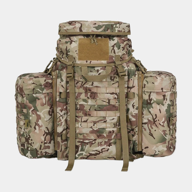 Kombat UK BTP Camouflage 90 litre Tactical Assault Rucksack with padded shoulder harness  Features large main compartment, zipped lid pocket, Velcro ID panel, and Molle platform area. Includes compression straps, carry handle, sternum strap, padded Molle waist belt, and attached side pouches.