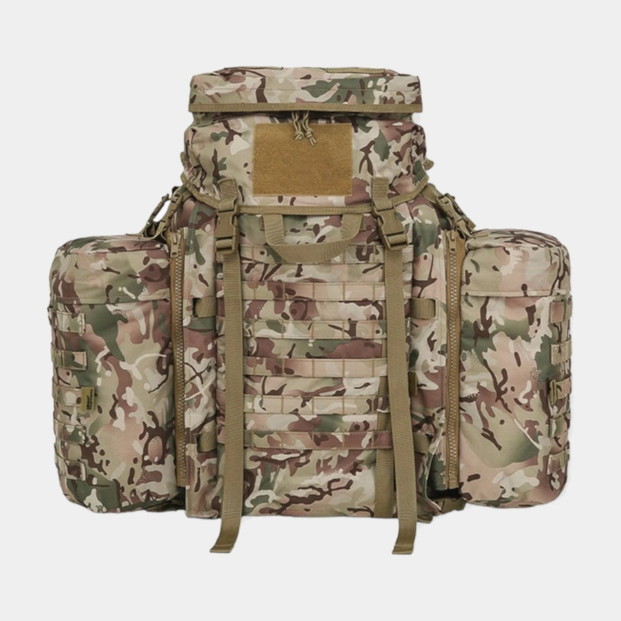 Kombat UK BTP Camouflage 90 litre Tactical Assault Rucksack with padded shoulder harness  Features large main compartment, zipped lid pocket, Velcro ID panel, and Molle platform area. Includes compression straps, carry handle, sternum strap, padded Molle waist belt, and attached side pouches.