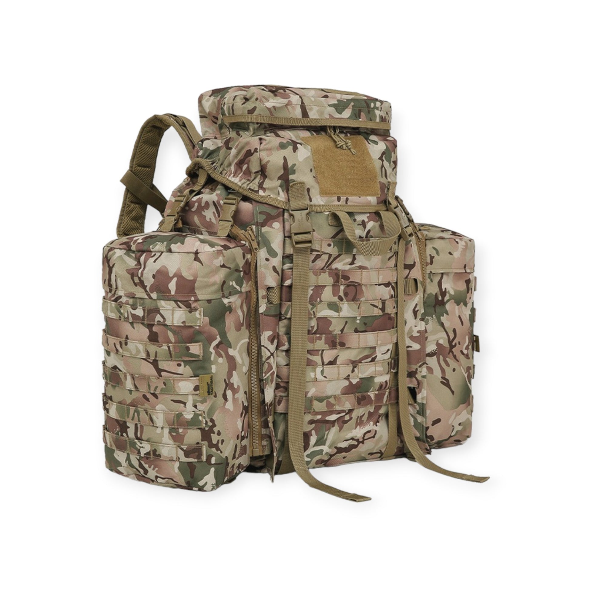 Kombat UK BTP Camouflage 90 litre Tactical Assault Rucksack with padded shoulder harness  Features large main compartment, zipped lid pocket, Velcro ID panel, and Molle platform area. Includes compression straps, carry handle, sternum strap, padded Molle waist belt, and attached side pouches.