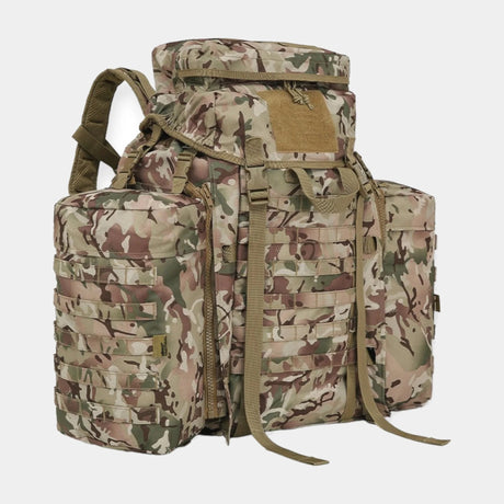 Kombat UK BTP Camouflage 90 litre Tactical Assault Rucksack with padded shoulder harness  Features large main compartment, zipped lid pocket, Velcro ID panel, and Molle platform area. Includes compression straps, carry handle, sternum strap, padded Molle waist belt, and attached side pouches.