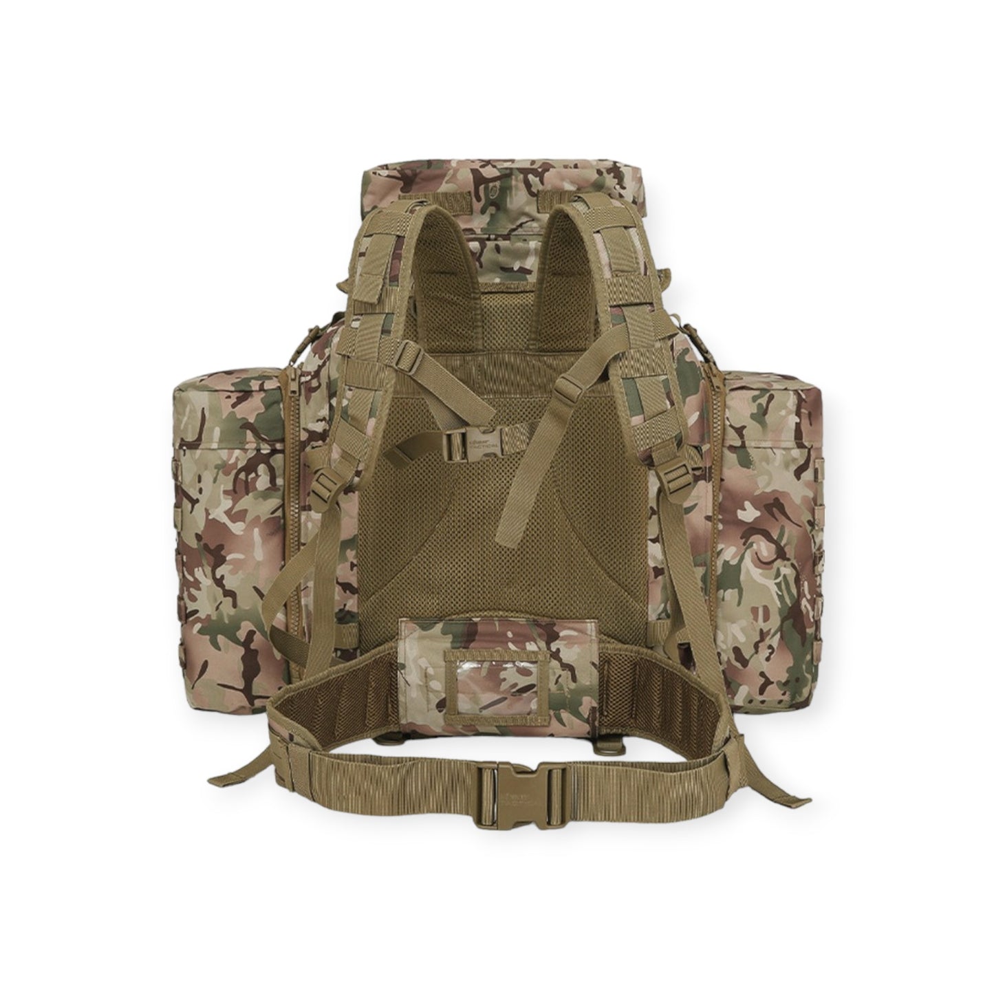 Kombat UK BTP Camouflage 90 litre Tactical Assault Rucksack with padded shoulder harness  Features large main compartment, zipped lid pocket, Velcro ID panel, and Molle platform area. Includes compression straps, carry handle, sternum strap, padded Molle waist belt, and attached side pouches.