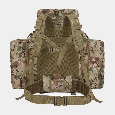 Kombat UK BTP Camouflage 90 litre Tactical Assault Rucksack with padded shoulder harness  Features large main compartment, zipped lid pocket, Velcro ID panel, and Molle platform area. Includes compression straps, carry handle, sternum strap, padded Molle waist belt, and attached side pouches.