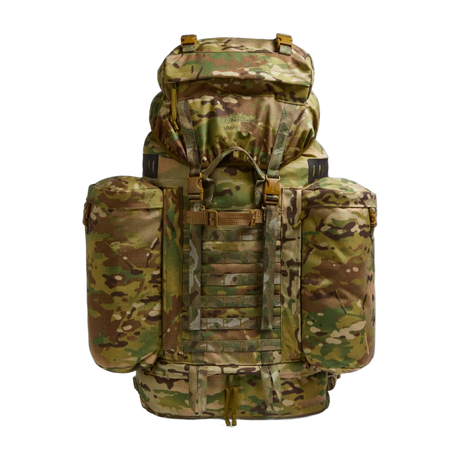 Front view of the Berghaus Vulcan V MMPS rucksack in MTP multicam camouflage showing detachable side pockets, MOLLE webbing, and lid closure.