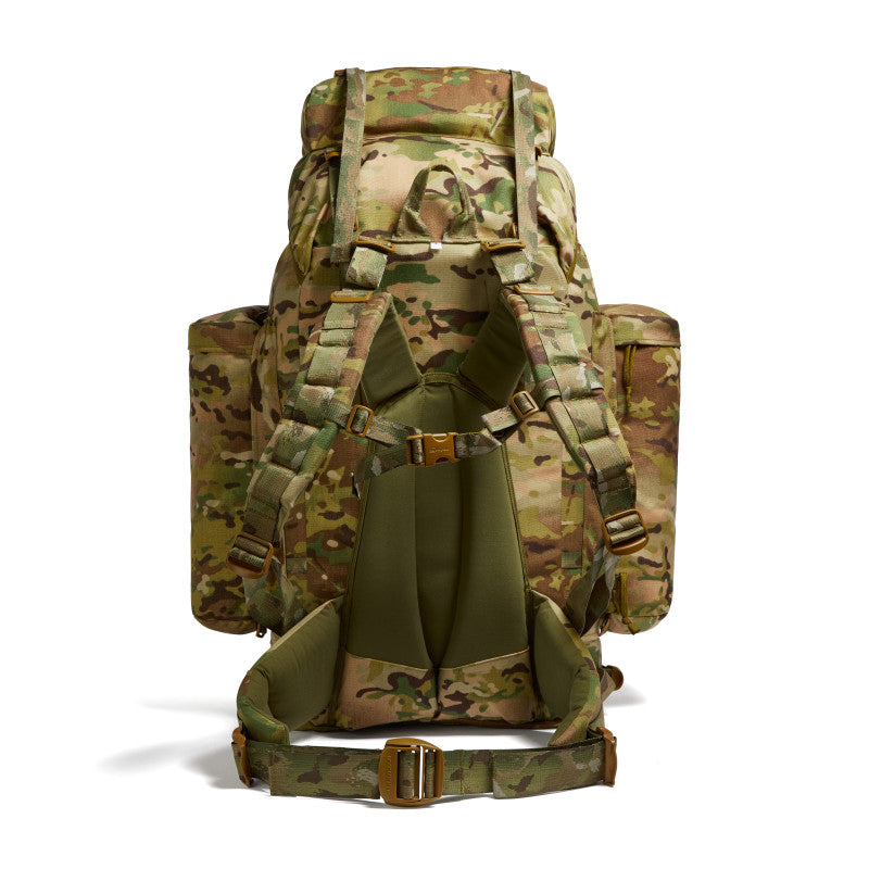Rear view of the Berghaus Vulcan V MMPS rucksack in MTP multicam camouflage showing the Cyclops II back system, padded shoulder straps, adjustable sternum strap, and load-bearing hip belt.