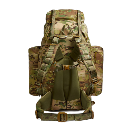 Rear view of the Berghaus Vulcan V MMPS rucksack in MTP multicam camouflage showing the Cyclops II back system, padded shoulder straps, adjustable sternum strap, and load-bearing hip belt.