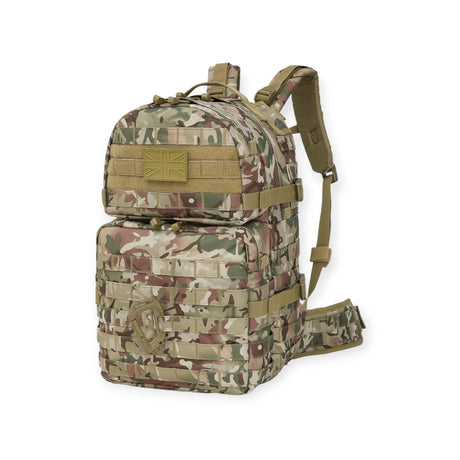 Army backpack with 40-litre capacity, padded back, waist belt, hydration bladder compartment, MOLLE strips, and multiple pockets for gear storage. For military use, camping and hikers.