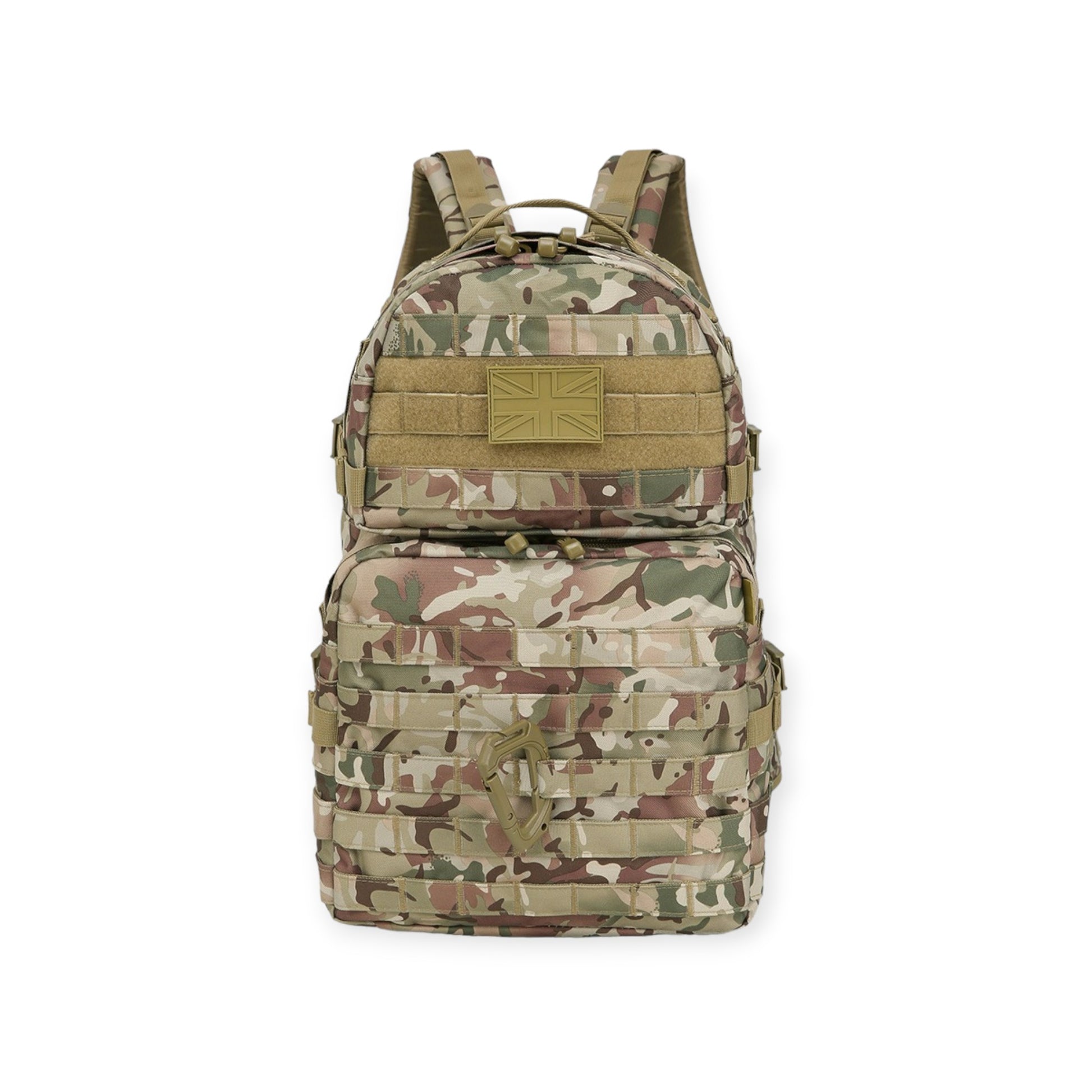 Army backpack with 40-litre capacity, padded back, waist belt, hydration bladder compartment, MOLLE strips, and multiple pockets for gear storage. For military use, camping and hikers.