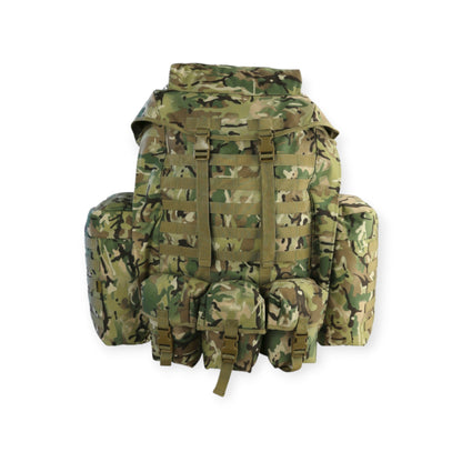 Large 100-litre capacity backpack with removable floating lid and sturdy polycarbonate construction. Designed for comfort with airflow spacer fabric back and padded shoulder straps. Features utility pockets, Molle straps, side zips, sternum strap, waist belt, compression straps, and carry handle. For military, camping and hikers