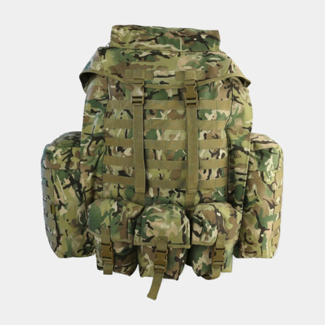 Large 100-litre capacity backpack with removable floating lid and sturdy polycarbonate construction. Designed for comfort with airflow spacer fabric back and padded shoulder straps. Features utility pockets, Molle straps, side zips, sternum strap, waist belt, compression straps, and carry handle. For military, camping and hikers