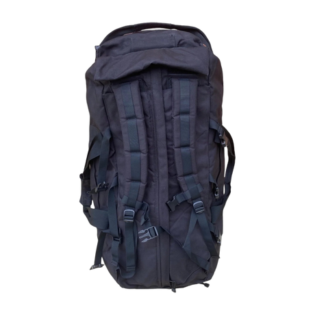 Rear view of black deployment bag showing padded rucksack shoulder straps and back panel