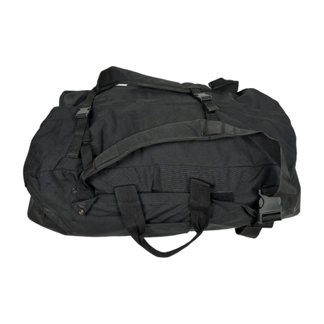 100L capacity Dutch military deployment bag. This army duffle rucksack converts to a backpack and features a hard-bottom for extra protection. It's a military-grade holdall, heavy-duty travel bag, and tactical deployment rucksack in one. With its extra-large capacity, rugged construction, and durable materials, it's perfect for outdoor equipment and travel. 