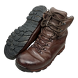 Brown leather Iturri patrol combat boots, pair shown with one boot upright and one tilted to display the black lug sole, British military surplus, transparent cutout