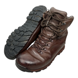 Brown leather Iturri patrol combat boots, pair shown with one boot upright and one tilted to display the black lug sole, British military surplus, transparent cutout