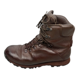 Brown leather Iturri patrol combat boot, left side profile showing lace hooks, padded ankle cuff and rubber rand, British army surplus, transparent cutout