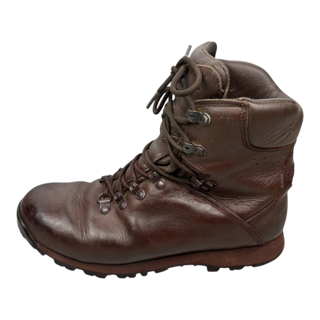 Brown leather Iturri patrol combat boot, left side profile showing lace hooks, padded ankle cuff and rubber rand, British army surplus, transparent cutout
