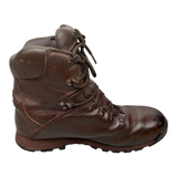 Brown leather Iturri patrol combat boot, right side profile showing D-ring lacing, perforated ankle panel and stitched rand, military surplus, transparent cutout