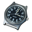 CWC G10 1989 Royal Navy issue military watch, angled view showing black dial with white Arabic numerals, tritium lume markers and fixed strap bars