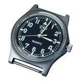 CWC G10 1989 Royal Navy issue military watch, angled view showing black dial with white Arabic numerals, tritium lume markers and fixed strap bars