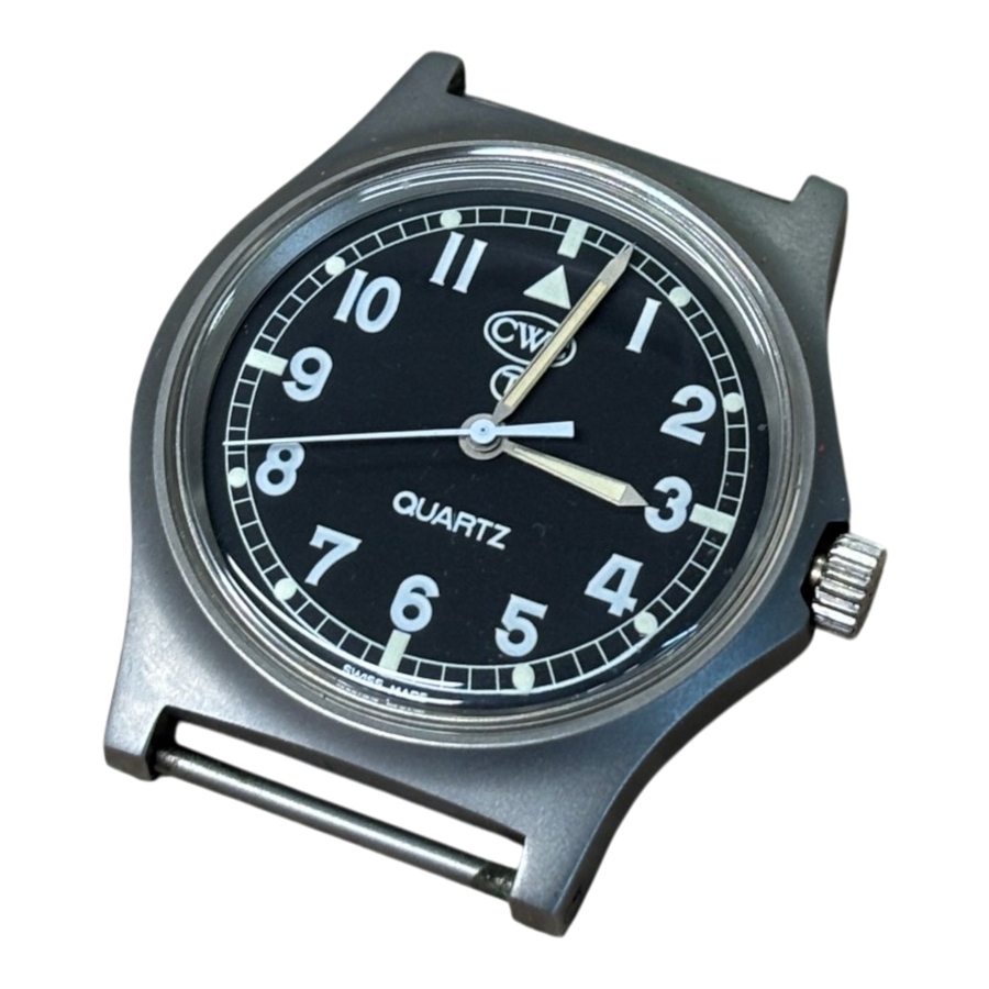CWC G10 1989 Royal Navy issue military watch, angled view showing black dial with white Arabic numerals, tritium lume markers and fixed strap bars
