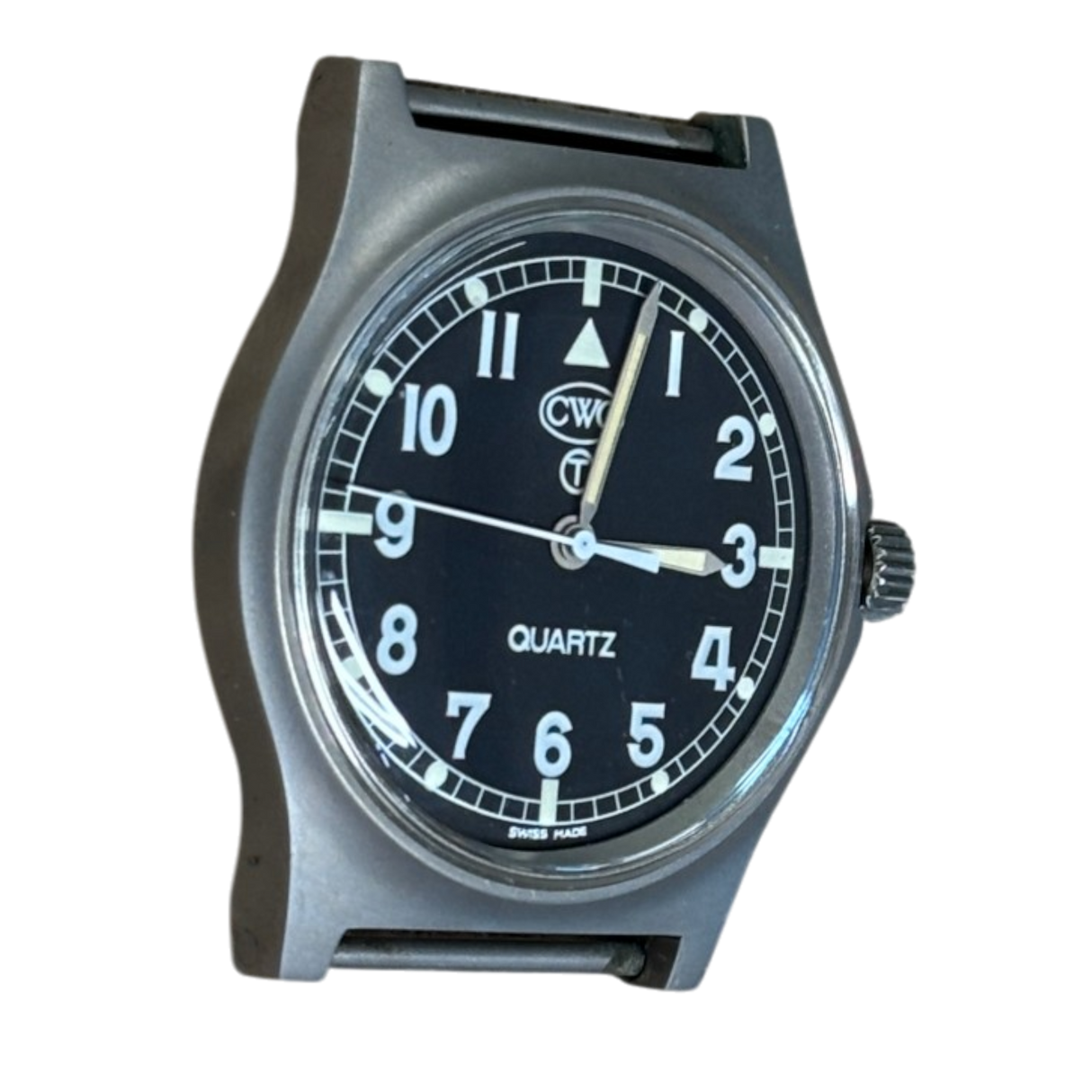 Side profile of CWC G10 quartz military watch showing matte grey case, crown and black dial with CWC oval logo and circled T tritium marking