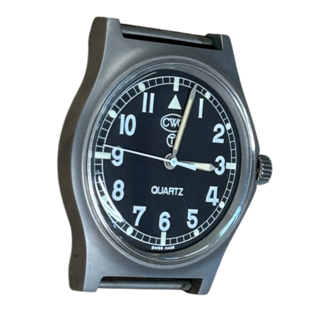 Side profile of CWC G10 quartz military watch showing matte grey case, crown and black dial with CWC oval logo and circled T tritium marking
