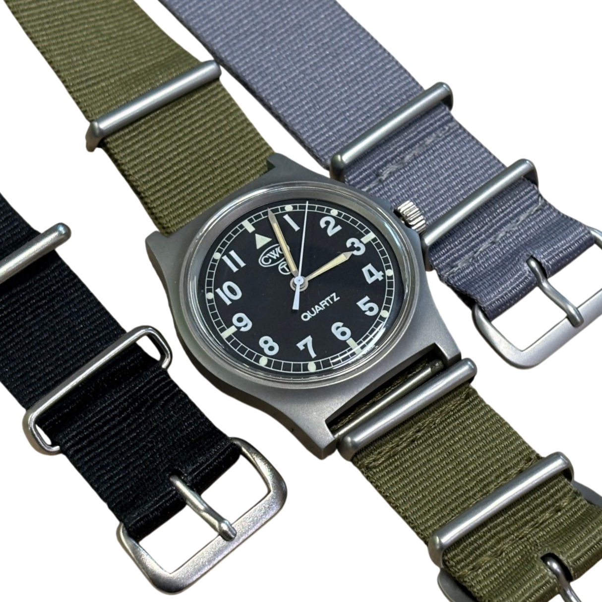 CWC G10 1989 military watch with three NATO straps included in black, olive green and grey