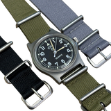 CWC G10 1989 military watch with three NATO straps included in black, olive green and grey