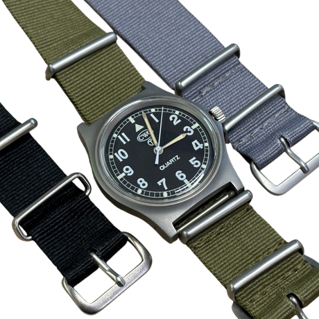 CWC G10 1989 military watch with three NATO straps included in black, olive green and grey