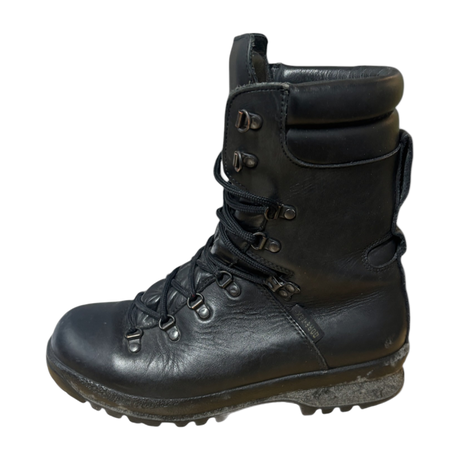 Side View of ECW Pro Boots: A side profile of the black leather ECW boots, highlighting the padded collar and sleek military design.