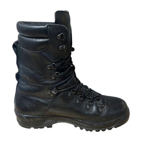 Side View of ECW Pro Boots: A side profile of the black leather ECW boots, highlighting the padded collar and sleek military design.