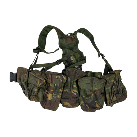 British Army PLCE webbing set in Woodland DPM camouflage, yoke, belt and ammo pouches