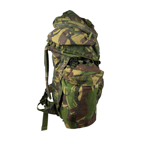 British Army DPM bergen rucksack side view showing zip-on side pocket, compression straps and shoulder strap