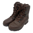 Genuine British Army HAIX High Liability brown leather GORE-TEX combat boots, Grade 1 military surplus, front angle showing two-zone speed lacing system, leather and textile upper, padded collar and rugged military outsole.