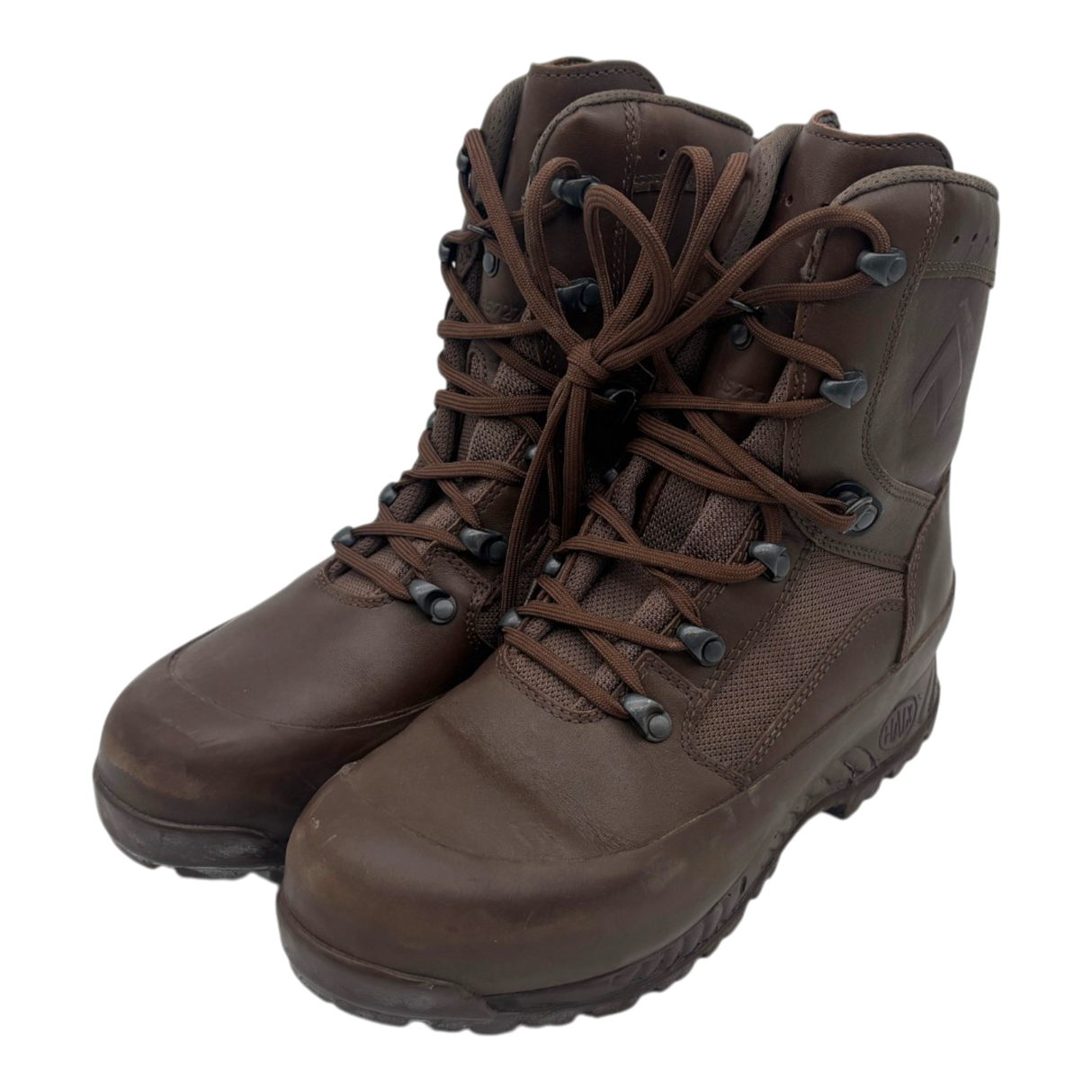 Genuine British Army HAIX High Liability brown leather GORE-TEX combat boots, Grade 1 military surplus, front angle showing two-zone speed lacing system, leather and textile upper, padded collar and rugged military outsole.