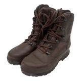 Genuine British Army HAIX High Liability brown leather GORE-TEX combat boots, Grade 1 military surplus, front angle showing two-zone speed lacing system, leather and textile upper, padded collar and rugged military outsole.
