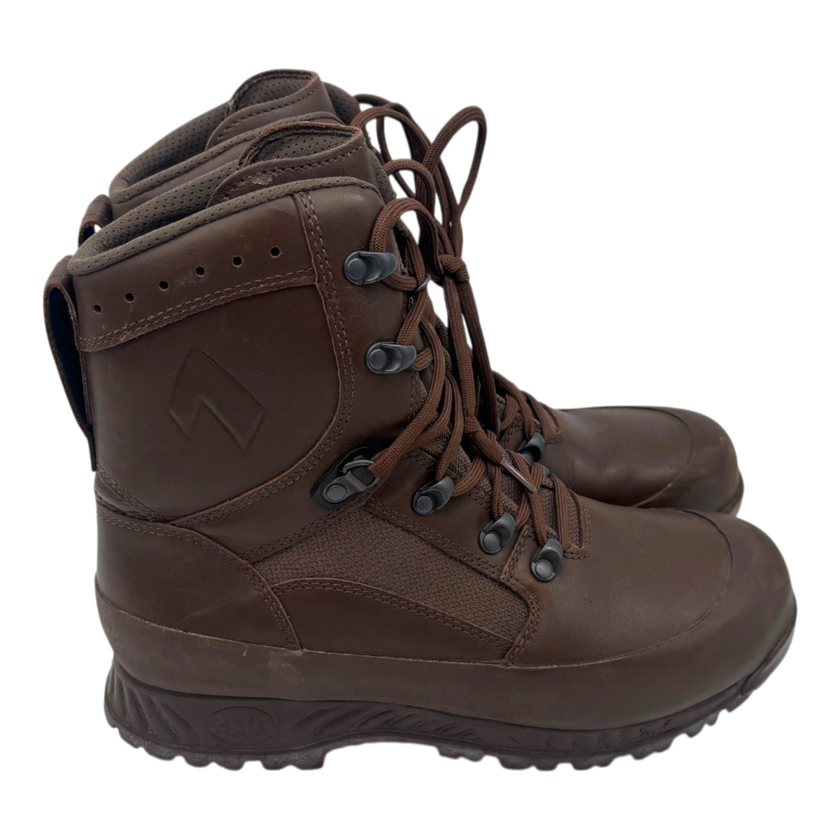 Side profile of genuine British Army HAIX High Liability combat boots in brown leather with breathable textile panels, speed lace eyelets, padded ankle support and durable military-grade sole