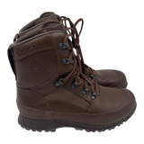 Side profile of genuine British Army HAIX High Liability combat boots in brown leather with breathable textile panels, speed lace eyelets, padded ankle support and durable military-grade sole