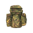 British Army DPM camo rucksack front view – military surplus bergen with side pouches and compression straps, ideal for hiking, camping, and outdoor use