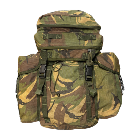British Army DPM camo rucksack front view – military surplus bergen with side pouches and compression straps, ideal for hiking, camping, and outdoor use